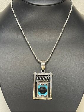 Sterling Silver Turquoise, Coral and Jet Pendant with Serling Silver 22” Chain